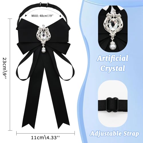 Image of LJBFNN Womens Bow Tie, Black Ribbon Bow Tie for Women, Clip on Adjustable Rhinestone Bowtie for School Uniforms Wedding