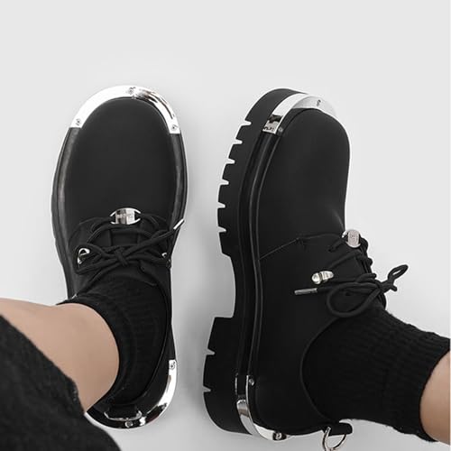 Men's Leather Metal-Plate Platform Oxfords Classic Wide Round Toe Lace Up Comfort Chunky Heel Lug Sole Anti-Slip Heighten Derby Shoes3