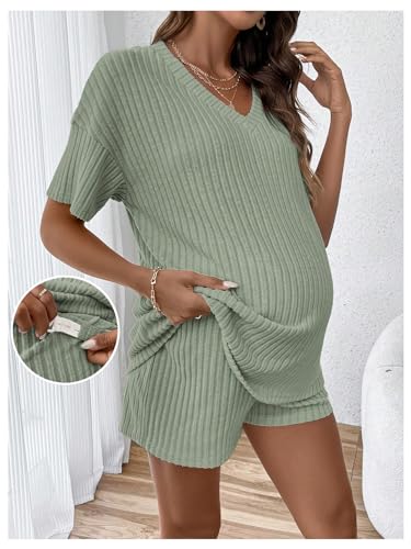 Image of MakeMeChic Women's Maternity 2 Piece Outfits Summer Short Sleeve Rib Knit Tee Top and Short Lounge Sets Clothes