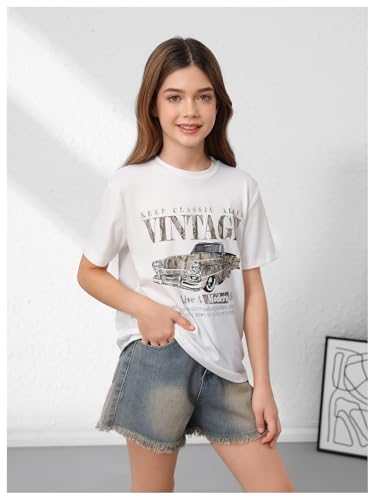 Image of RoseSeek Girl's Graphic Drop Shoulder Star Print Tee Tops Short Sleeve Crew Neck Summer Shirts