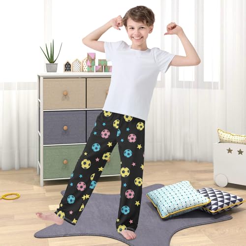 VIGTRO Pajama Pants Long Sleep Bottoms Colorful Soccer Balls Black Background, Soft Elastic Waist Lounge Pants with 2 Pockets Size 6-8 Years3
