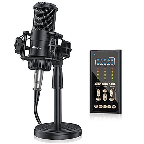 Podcast Equipment Microphone for PC: Foxnovo Dual Audio Channel Computer/Phone Microphone with Stand for Recording music Gaming Sound Card Provides 9 Scene Modes and 9 Sound Effects (Black)