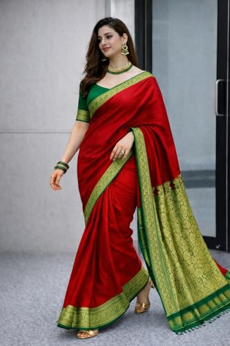 Image of Women's Glory Banarasi Satin Silk Saree with Rich Zari Woven Border & Pallu | Soft Glossy Party Fancy Traditional Saree for Wedding, Festive, Function | Blouse Piece Included