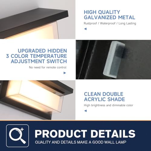 Image of Outdoor Lights for House 24W Exterior Lighting Fixtures 3-Color Adjustable 2200LM IP65 Waterproof Aluminum Exterior Wall Light Compatible with Dimmers for Patio, Yard, Back Yard 1 Pack