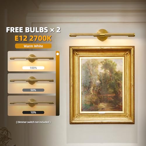 Image of Museum Gallery Bathroom Picture Light - 24 Inch Long Gold Brass Dimmable Hardwired Wall Sconces with E12 Bulb - Frame Pictures Art Deco Sconce Lights for Painting Photo Artwork Library Vanity Over