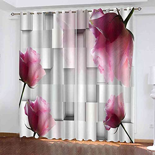 Rideaux oeillets polyester de haute qualité drapé lourd fleurs roses 3D - 2