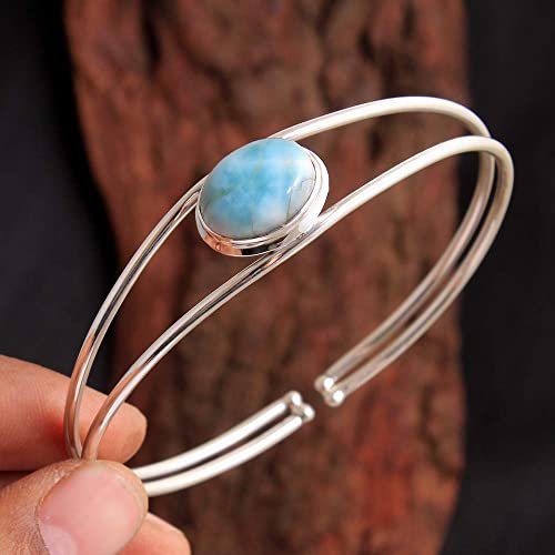 Natural Larimar bangle Bracelet Boho Vantage Style Handmade Sterling Silver Bracelet for Mom Wife Her, BY TEJIKA2