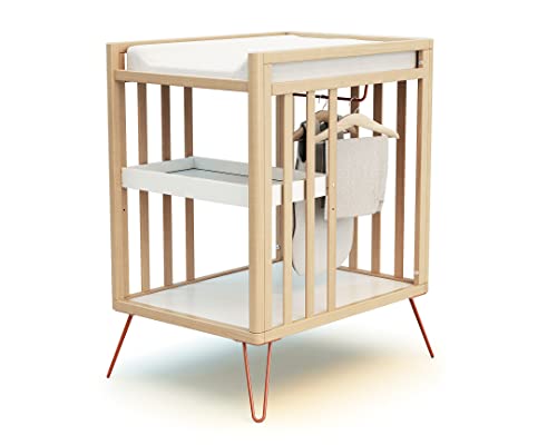 JURABABY – Wickeltisch aus Holz mit 2 Ablagen, NUR Terrakotta| 76 x 56 x 94 cm | Mit Tablett, Regal und Garderobe | Kompakt | Stabil mit Stahlbeinen
