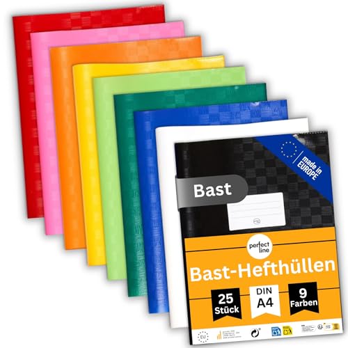 perfect line 25 Bast-Hefthüllen DIN-A4, 9 Farben, Heftumschlag mit Beschriftungsetikett, Heftschoner aus recycelbarem PP, dokumentenecht (1 x 25 Stk.)