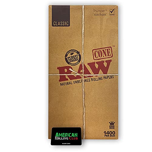 RAW Cones King Size Classic | 1400 Bulk Box | Natural Pre Rolled Rolling Papers with Tips ~ Includes American Rolling Club Scoop Card