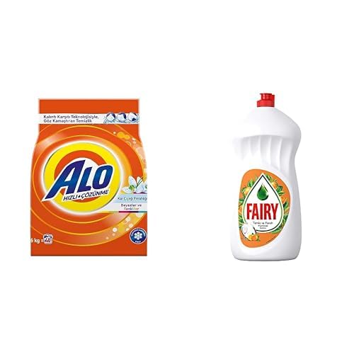 Alo 6 kg Kar Çiçeği Ferahlğı Beyazlar ve Renkliler Hızlı Çözülme Toz Deterjan & Fairy Sıvı Bulaşık Deterjanı Portakal Kokulu, 1500 ml