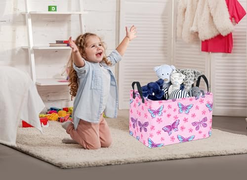Image of Pink Butterfly Storage Basket Gift Laundry Bins Collapsible Storage Baskets Box Laundry Nursery Hamper for Home and Office Decoration with Handles