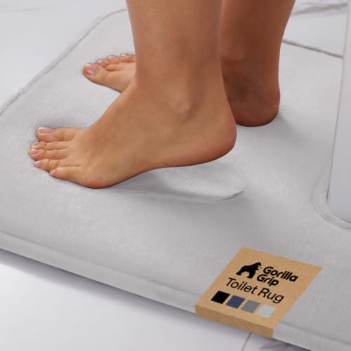 Image of GORILLA GRIP Thick Memory Foam Toilet Rug for Bathroom, Square Shaped Washable, Absorbent Velvet Topside Floor Mats, Machine Wash, Cushioned Luxury Rugs for Bath Room, 22.5 x 19.5 Soft Gray