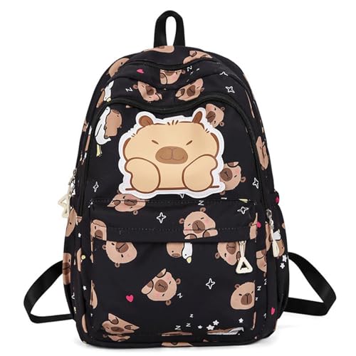 Capybara Backpack Nylon Large Capibara Bag Kawaii Capivara Cute Kapibara Bag Capy Bara Cappy Barra Daypack (Black)