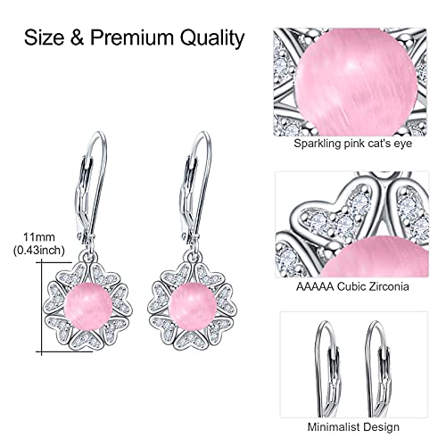 Pink Stone Leverback Earrings 925 Sterling Silver Cat's Eye Stone Dangle Earrings With Cz Heart Drop Dangle Earrings Mother's Day Jewelry Gifts For Women Girls #TOP5