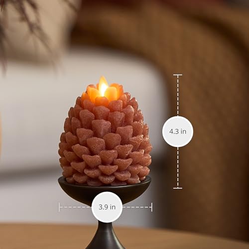 Image of Luminara Flameless Candle 3.9 inchx4.3 inch Battery Operated with Timer Real Wax Unscented LED Pinecone Caramel Cafe Chalky Finish Pine Cone Figural Holiday Decoration Rustic Centerpiece Table Decor