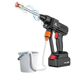 Ywmkasl Hogedrukreiniger, draadloos, met accu en oplader, 48 V, draagbaar, 30 bar, 2 mondstukken, 5 m slang, voor reinigen van terras, tuin, auto