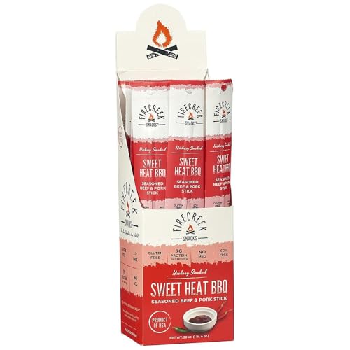 FireCreek Snacks Beef and Pork Meat Sticks (Jerky Sticks), Hickory Smoked, 20 Count (1 oz), 7g Protein, Low Carb, Gluten Free, Soy Free, No MSG, Sweet Heat BBQ