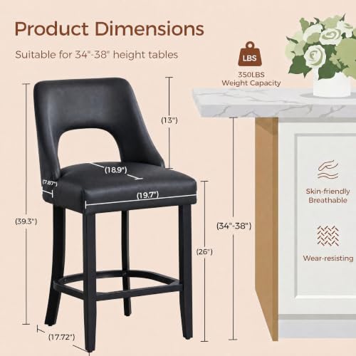 Image of UVV Bar Stools Set of 4, Modern Upholstered Counter Height Bar Stools, Faux Leather Counter Stools BarStools with Wood Legs for Kitchen Island Dining Room Bar, Black