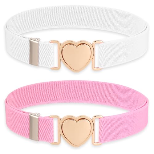 2 Pcs Elastic Belts for Toddler Kids Adjustable Girls Teens Stretch Belts with Heart Buckle for Pants Jeans Dress