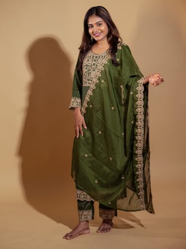 Image of VredeVogel Women's Silk Blend Embroidered Kurta with Pant & Silk Chiffon Dupatta Set