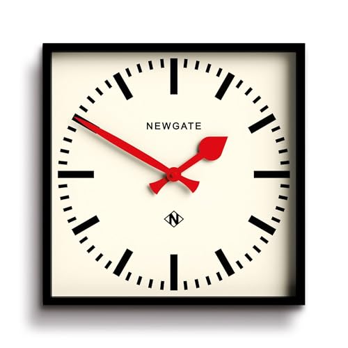 NEWGATE® Number Five Horloge Murale | Horloge de Gare Moderne carrée d’Inspiration rétro | 40cm | Noir avec Aiguilles Rouges | Style du Milieu du siècle...
