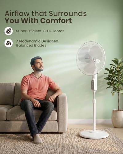Image of Sujata BLDC Pedestal Fan with Remote | 2 Year Warranty | Stand Fan, 400mm Sweep, 1350 RPM | 100% Copper Winding, Silent Operation with Oscillation, Ideal for Home & Offices (Greenova Air - White)