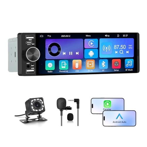 AWESAFE 1 DIN Radio Coche Universal con Pantalla Táctil 6.36 Pulgadas, con CarPlay/AndroidAuto/Mirror Link, Admite Carga Type-C/2USB/Micrófono/FM/EQ/WiFi/GPS/Bluetooth/SWC