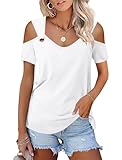 Minetom Women's Cold Shoulder Tops Short Sleeve V Neck T Shirts Basic Summer Tees B White