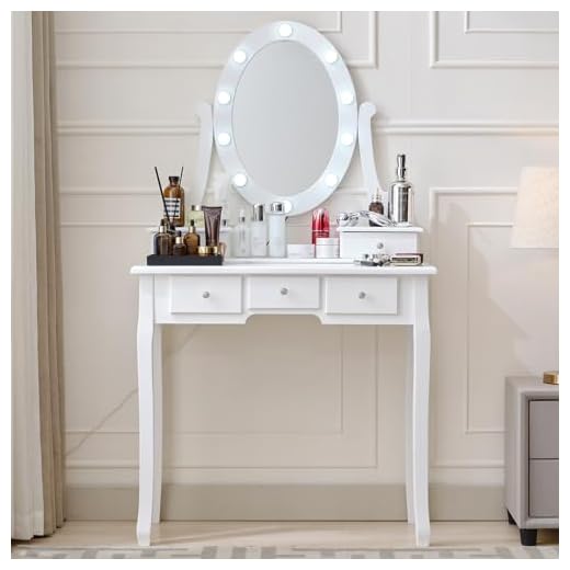 Vanity Table Set with Lighted Mirror, Makeup Dressing Table and Cushioned Stool Set with 5 Large Drawers for Women Girls (White)
