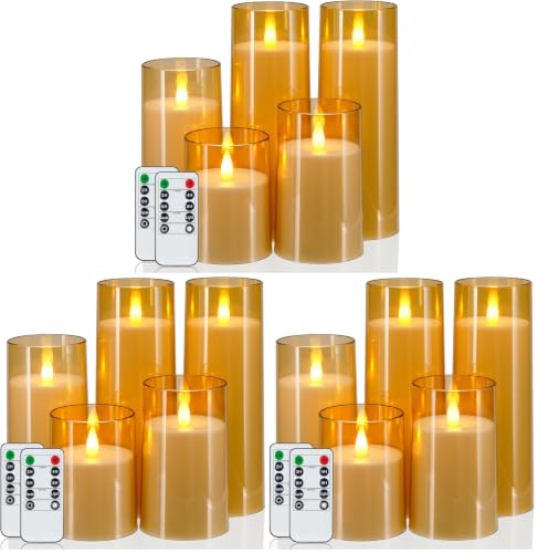 Image of Homemory Realistic Flickering Flameless Candles, Battery Operated Candles with Remote Control and Timer, LED Fake Electric Candle for Home, Christmas Decoration, Gold, Set of 5 (Pack of 3)
