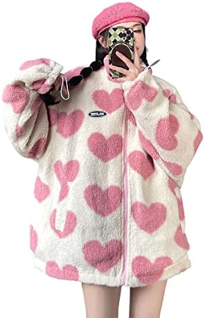 Women's Fleece Sherpa Jackets Reversible Kawaii Heart Print Fuzzy Zip Up Coats Aesthetic Y2k Winter Oversized Outwear (Pink,XL)