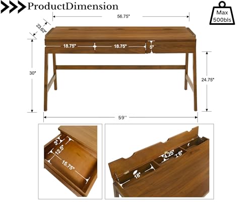Image of HNY 59 Inches Walnut Wooden Writing Desk with 3 Drawers, Computer Study Table with MDF Top, Solid Rubberwood Legs and Hidden Cable Management Holes, Corner Makeup Vanity Desk for Home Office, Bedroom