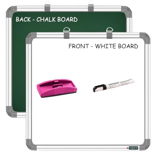 Image of YAJNAS Melamine Non-Magnetic 2X2 Ft Double Sided Whiteboard & Chalkboard Board with 1 Marker & 1 Duster - Set of 3 Items