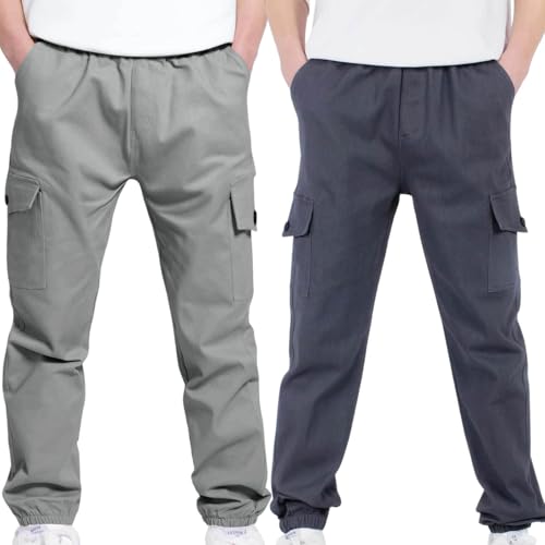 2pc Boys Cargo Pants Childrens Comfy Track Stretch Elastic Waist School Kids Twill Joggers for 4-13 Years4