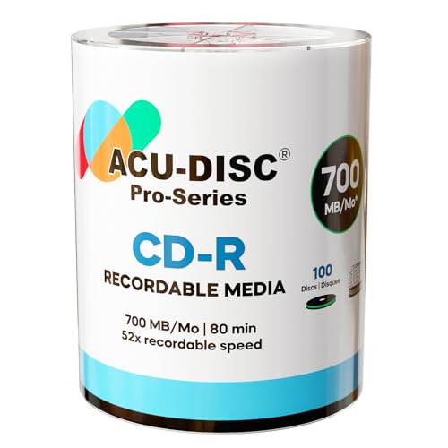 ACU-DISC Pro-Series Lot de 100 CD-R80 vierges 700 Mo 52 x 80 min – Parfait pour photos et vidéos – Compatible avec n'importe quel lecteur CD 17677