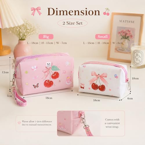 Image of NFI essentials Pack of 2 Cherry Print Makeup Pouch for Women & Girls, Multipurpose Cosmetic Organizer Bag with Wrist Strap & Zipper Closure, Portable Toiletry Travel Pouch for Makeup, Skincare