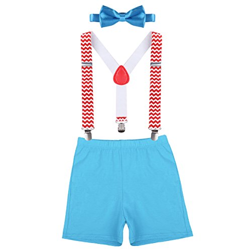 Cake Smash Outfit Baby Boys 1st 2nd Birthday Bloomers Diaper Cover + Bow Tie + Y-back Suspenders Pants Boxer Shorts Tuxedo Clothes 3Pcs Set for Photo Shoot Prop Party Light Blue + Red Chevron 12-18M