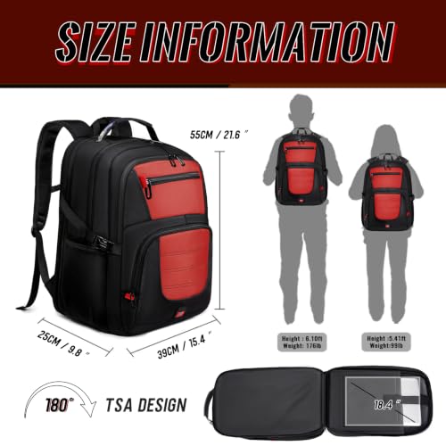 Image of 55L Gaming Laptop Backpack, Fits 18.4-19 inch Laptop, Red | 180 TSA-Friendly Carry On Design with Padded Laptop Compartment, Water-Resistant, Adjustable Strap, Handle for Men Women