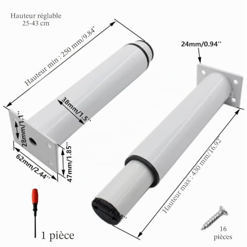 Pied de meuble réglable blanc 25-43cm pour lit et table basse robuste - 3