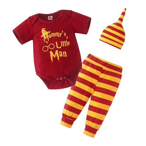 Asmea Ropa Bebe Conjunto Bebe Recien Ncido Body Bebes Personalizado + Pantalones a Rayas + Gorro Ropa Harry Bebes Regalo Bebé Recien Nacido Niño Ropa Bebé Niño 0-6 Meses Rojo