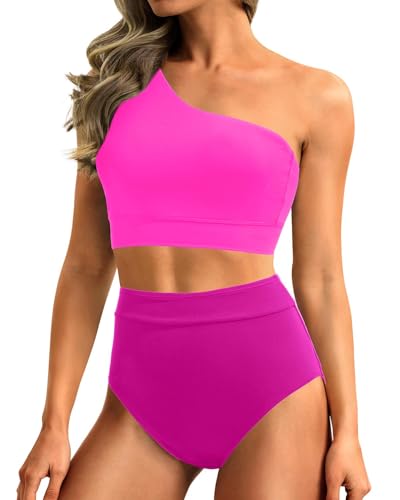 Image of Holipick Women One Shoulder High Waisted Bikini Sets Two Piece Swimsuit Tummy Control Bathing Suit Full Coverage Swimwear