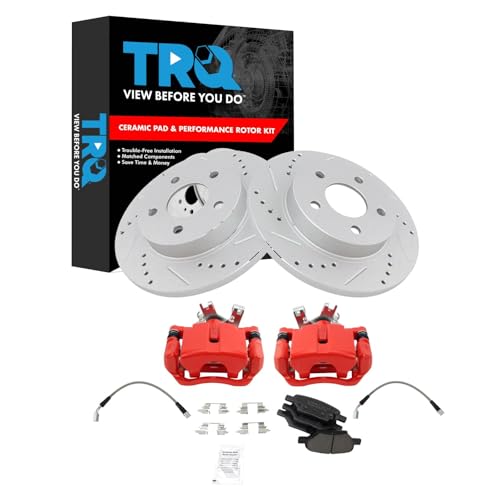 Image of TRQ Performance Rear Brake Pad and Rotor Set Ceramic Coated Drilled Slotted | For 2004-2012 Chevrolet Malibu 2005-2010 Pontiac G6 2007-2009 Saturn Aura