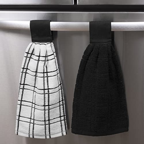 Image of Ritz Premium 100% Cotton Solid and Multi Check Kitchen Tie Towel Absorbent, Super Soft, and Fast Drying Hang Towel, Set of Three, Black