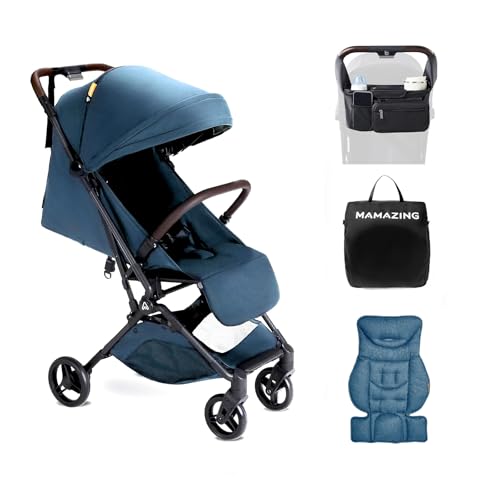 Image of MAMAZING Ultra Air Lightweight Baby Travel Stroller with Carbon Fiber Frame, Compact & Airplane-Friendly, One-Handed Fold, 11.6 lbs, Perfect for Toddlers, Organizer & Cushion Included, Blue
