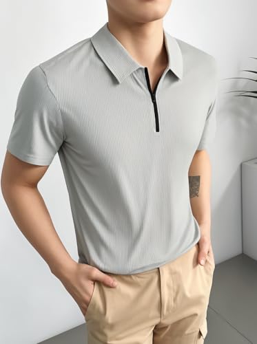 Image of Mack Jonney Ribbed |Regular Fit | Half Sleeves 100% Cotton Polo Neck Self Design with Zip T-Shirt for Men-M826