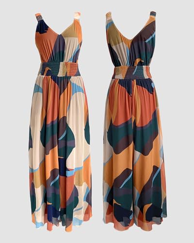 CHICME Women’s Abstract Print V Neck Jumpsuit Wide Leg High Cinched Waist Backless Sleeveless Palazzo Overalls with Pockets Casual Chic Vacation Beach Romper-mu-XL