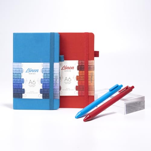 Image of Kitabby - Linen Series - A6 Size - Hard Bound Pocket Notebook with Elastic Band - 192 Pages - 80gsm Natural Shade Paper - Linen Fabric Cover Material - Pack of 2 - (Aqua Blue + Red)