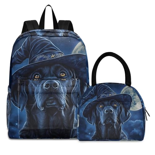 Backpack Lunch Bag Set Dog Halloween Print, Big Storage Travel Backpacks with Insulated Lunch Box for Office Hiking Picnic