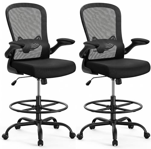 Image of ErGear Drafting Chair, Standing Desk Chair with Flip-Up Armrests, High Desk Chair Adjustable Height, Ergonomic Tall Office Chair with Lumbar Support and Adjustable Footrest Ring,2 Pack